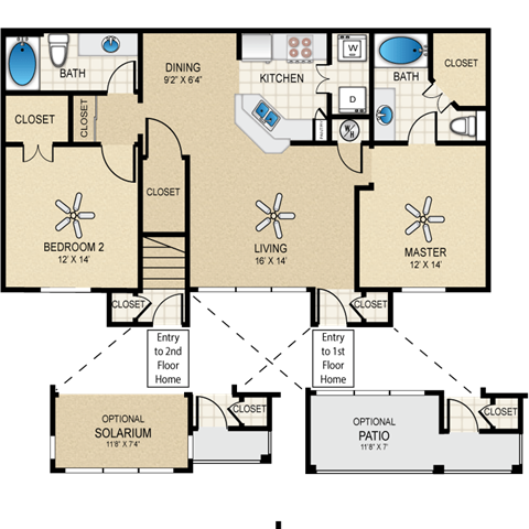 Floor plan for 2 beds, 2 baths, 1133 sqft